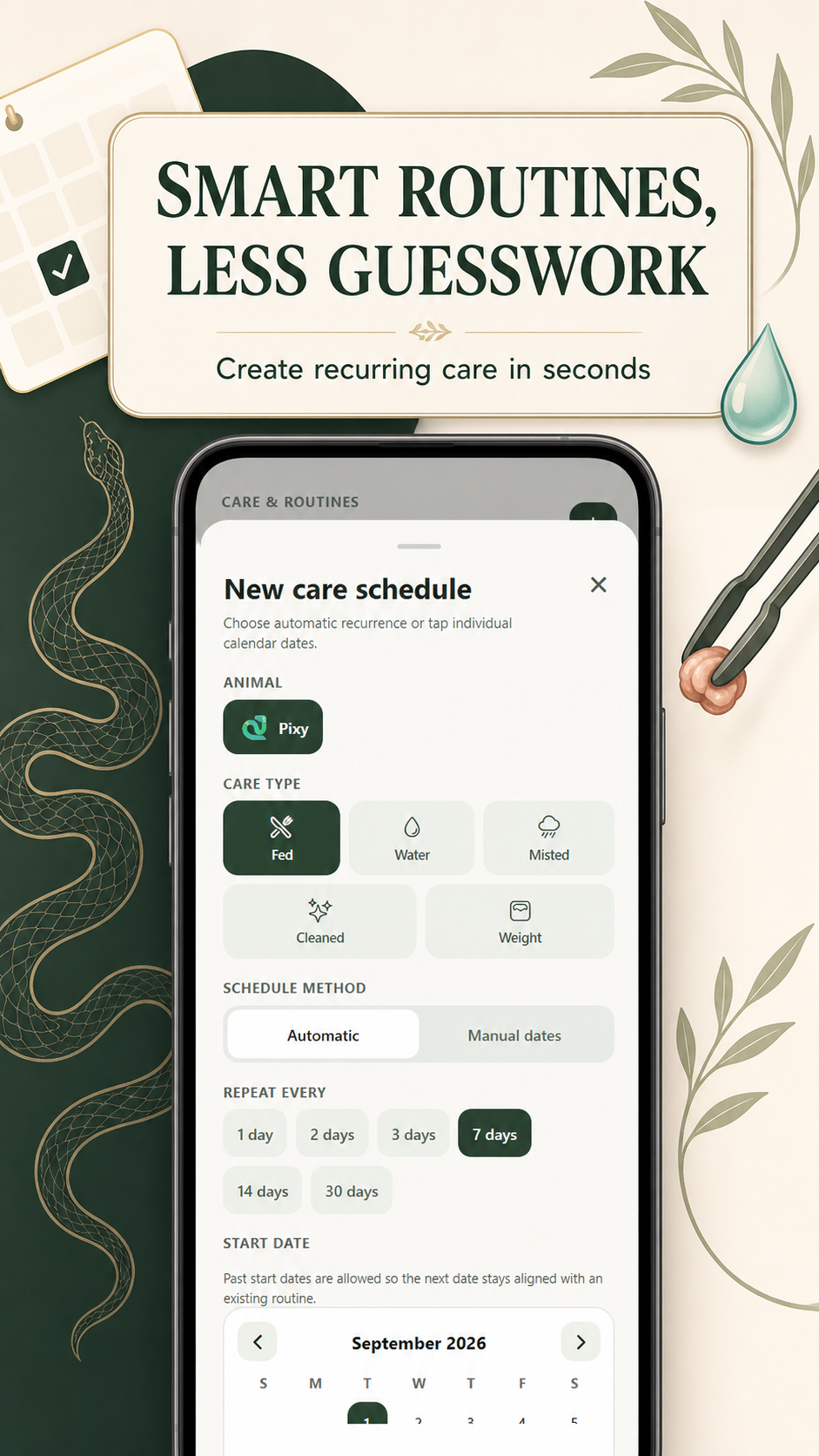 HerpKeep recurring care schedule screen